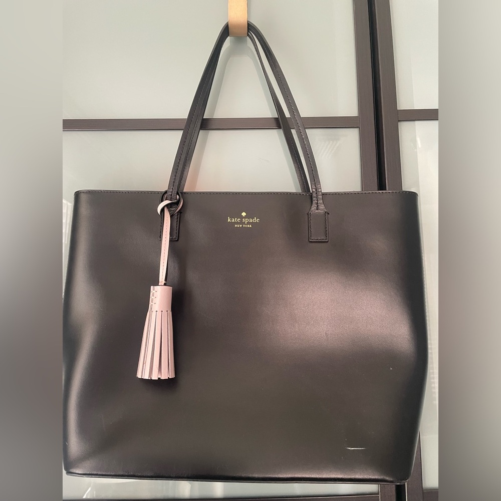 kate spade Black Leather Tote with Pink Tassel Charm